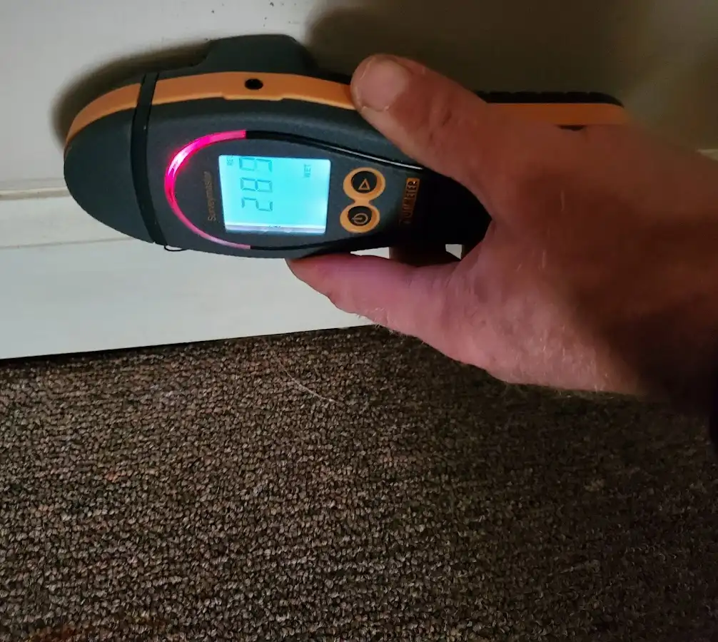 Moisture detection at baseboard during Storm Damage Restoration in Sinton